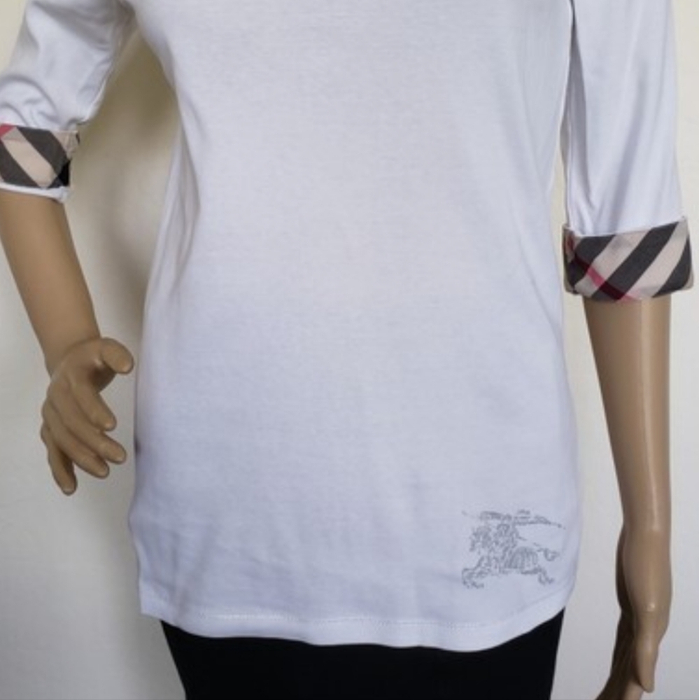 Burberry White Top with Plaid Cuffs M - Picture 4 of 11